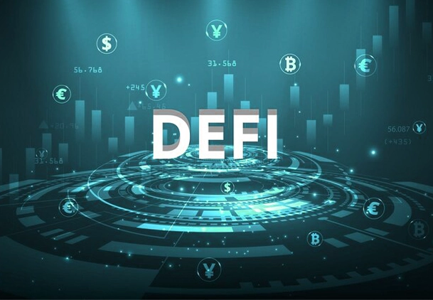 Illustration of decentralized finance (DeFi) ecosystem showing users connected to various DeFi protocols, wallets, and decentralized exchanges